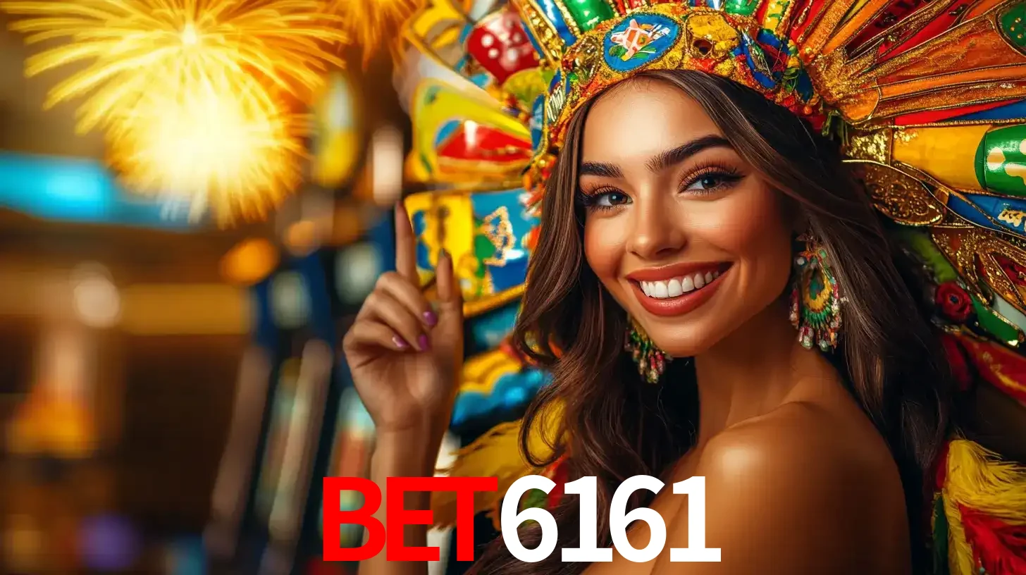 Mulher sorridente com um cocar de carnaval vibrante e colorido, celebrando uma grande vitória nos jogos do cassino BET6161 com fogos de artifício ao fundo.