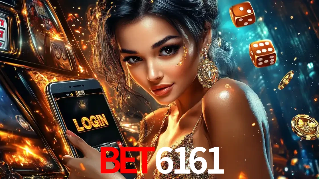 Mulher glamourosa segurando um celular com a tela de login do cassino BET6161, rodeada por dados e moedas douradas, pronta para começar a diversão.
