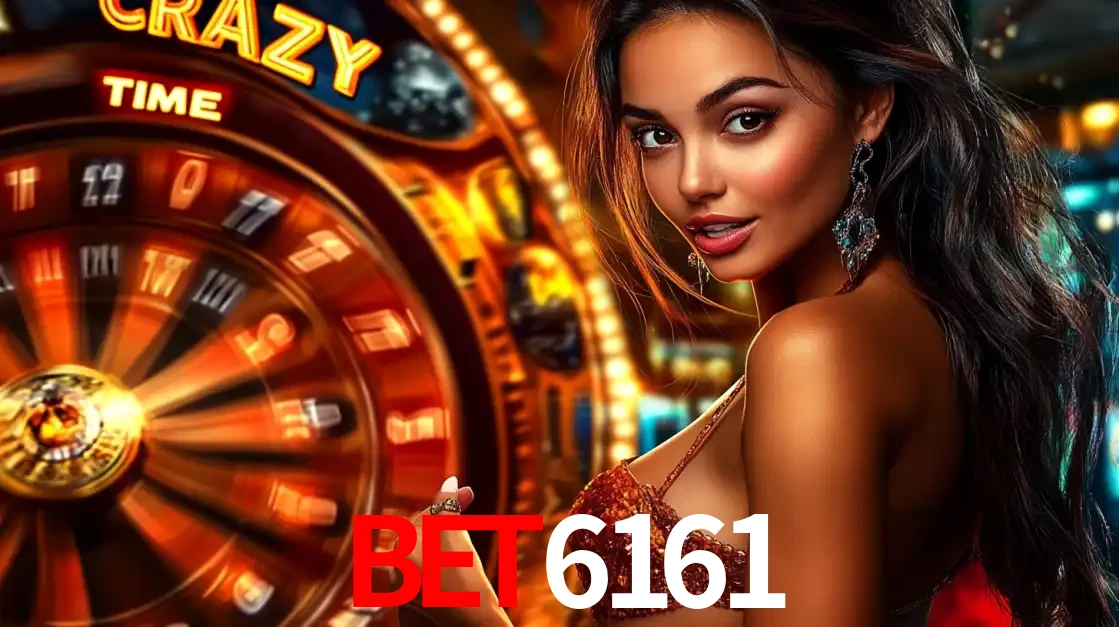 Mulher ao lado da roda de prêmios do jogo de cassino ao vivo Crazy Time, um dos shows de jogos mais emocionantes oferecidos pela plataforma de apostas BET6161.