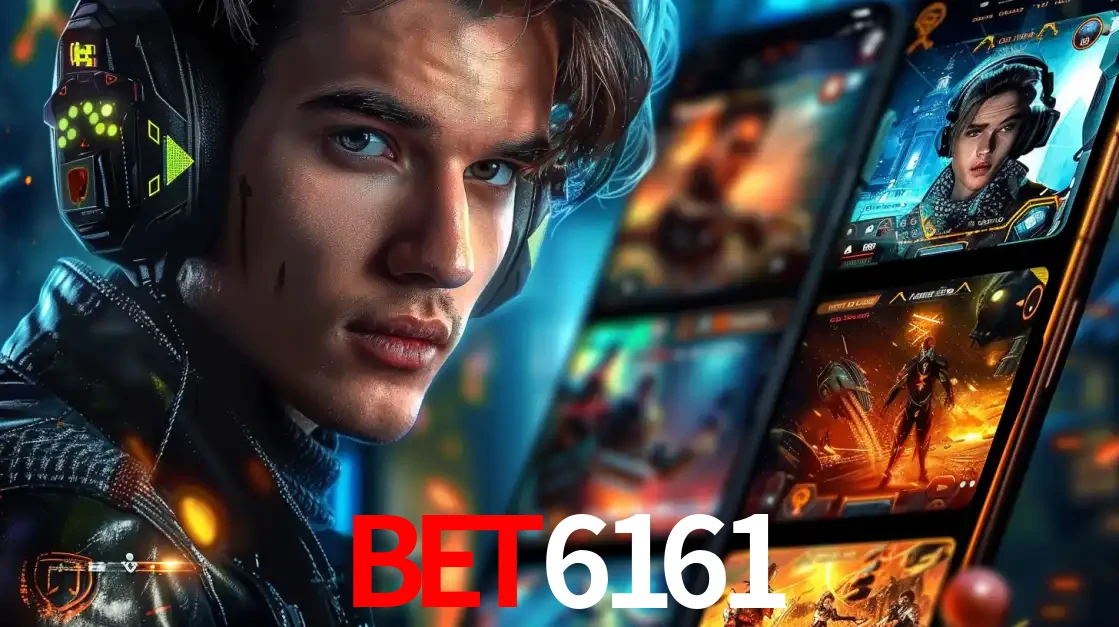 Jovem jogador com fones de ouvido olhando para a câmera, com um aplicativo de jogos e e-sports para celular ao fundo, pronto para a competição e apostas no BET6161.