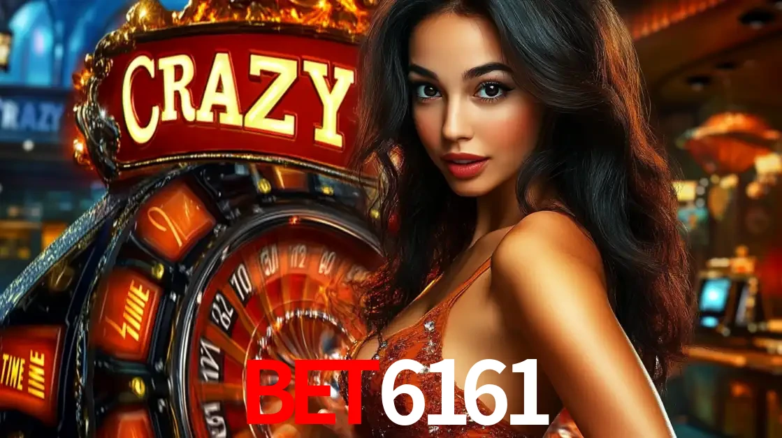 Mulher glamourosa olhando para a câmera com a roda vermelha do Crazy Time ao fundo em um ambiente de cassino, destacando a emoção dos jogos ao vivo no BET6161.