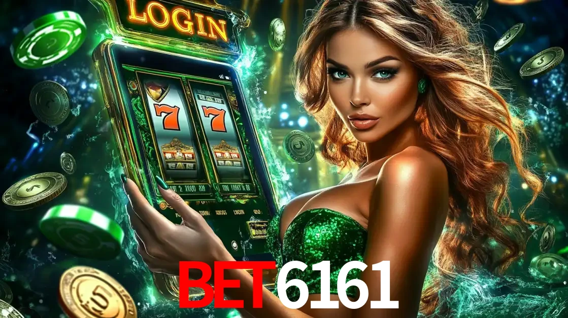 Mulher com tema verde apresentando o aplicativo do cassino BET6161 com um jogo de slot de 777, cercada por fichas de cassino e uma aura de sorte.