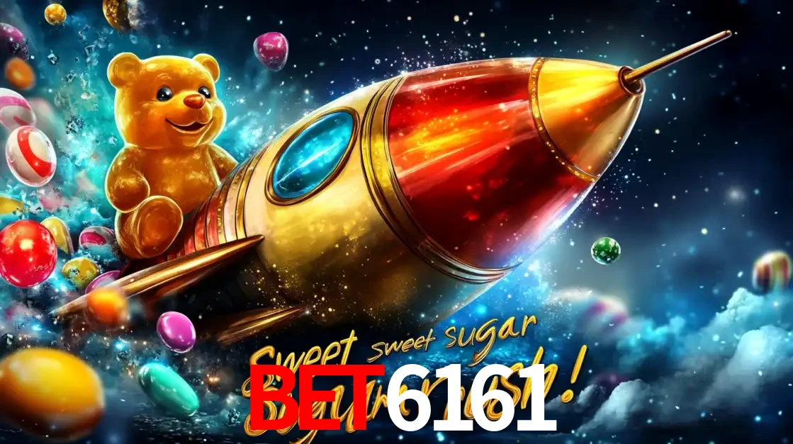 Arte promocional do jogo de slot Sugar Rush, com um urso de pelúcia em um foguete viajando pelo espaço de doces, um dos jogos divertidos disponíveis no cassino BET6161.