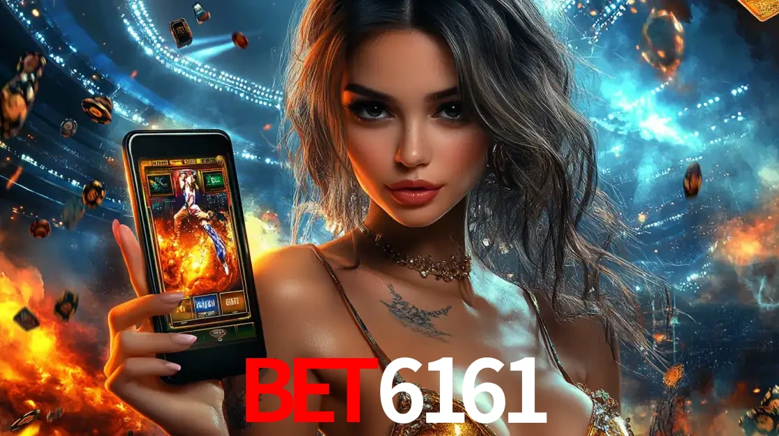 Mulher segurando um celular com um jogo de slot em destaque, tendo como fundo um estádio vibrante, simbolizando a emoção de jogar no cassino móvel BET6161.