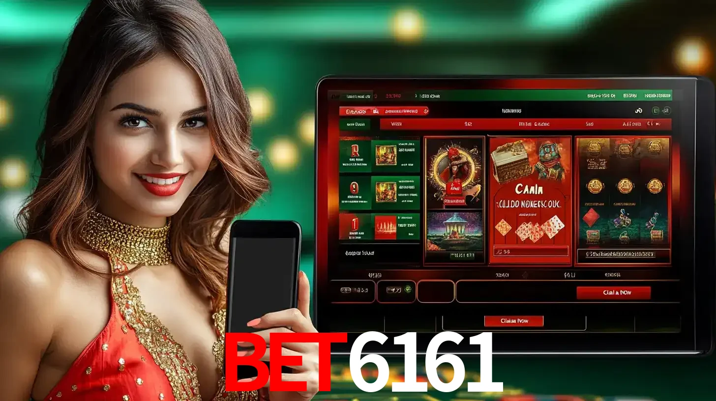 Mulher sorridente segurando um smartphone, ao lado de uma tela exibindo o lobby de jogos do cassino online BET6161, com várias opções de jogos de cartas e slots.